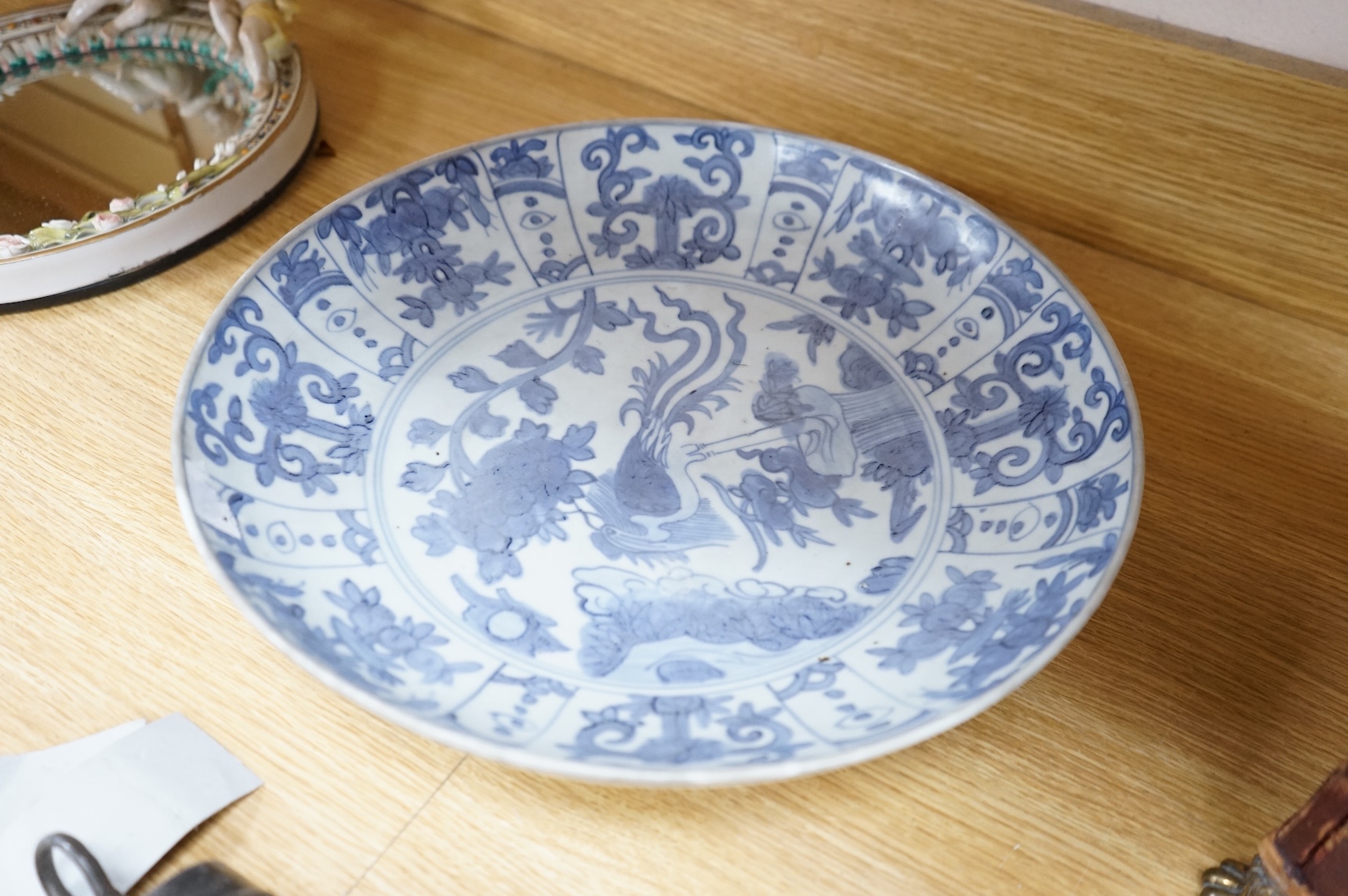 A Chinese Ming Swatow ware blue and white dish, Zhangzhou, early 17th century, 36cm diameter